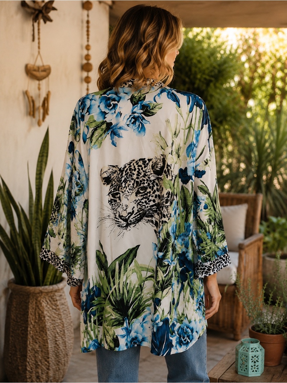 Chico’s Kimono Cardigan Blue Floral & Animal Print 3/4 Sleeve Boho Lightweight - Picture 2 of 12